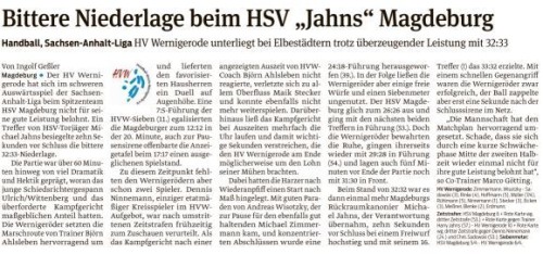 Volksstimme Spielbericht zum Auftreten der 1. Mannschaft beim HSV Magdeburg